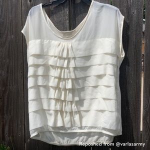 LOFT ivory silky ruffle sheer shoulder boxy top